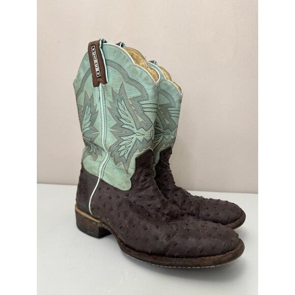 Cinch Teal & Brown Leather Ostrich Quill Cowboy Boots Kids Size 4.5 D Western - Picture 1 of 9